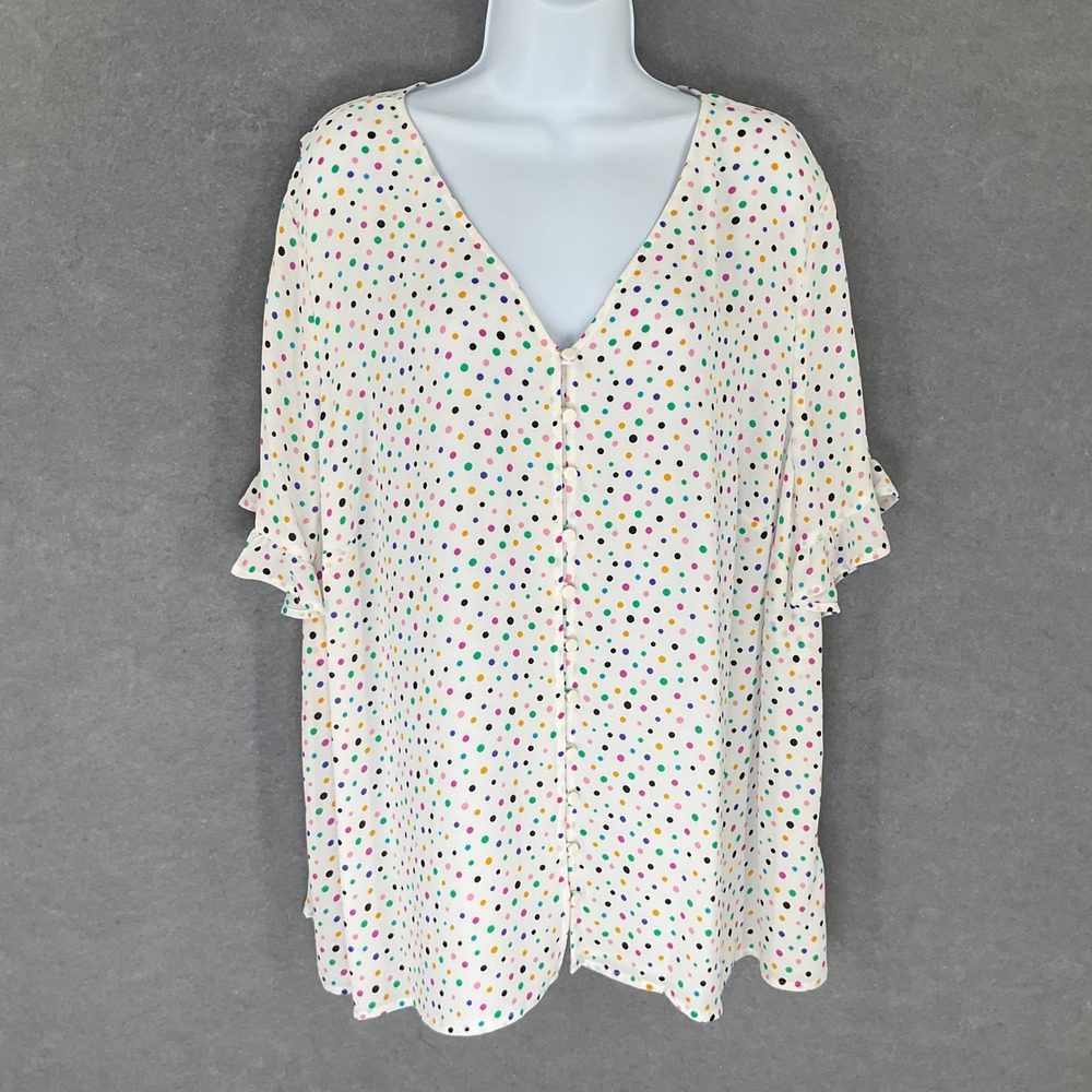 CeCe Top Womens 3X Button Front Multicolor Polka Dot Ruffle Sleeve Whimsical